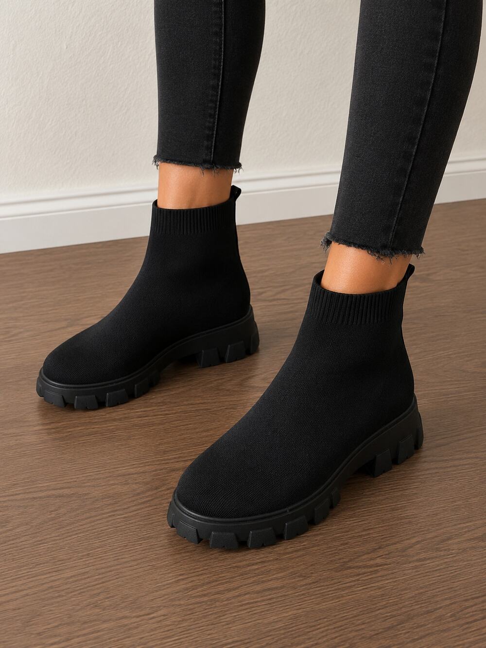 Black Knit Sock Ankle Boots Chunky Lug Sole Pull On Size 43 NWOT